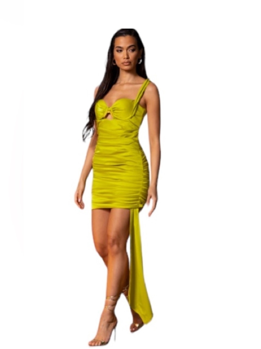 PLT premium chartreuse satin cup ruched dress 8